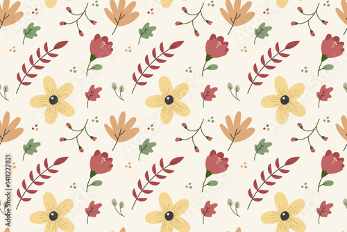 seamless pattern. Spring theme of flowers and blossoming leaves