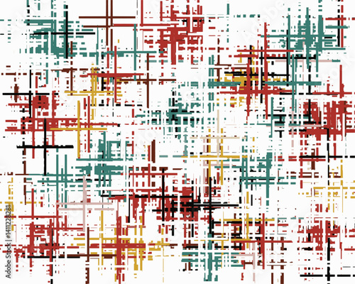 Vibrant abstract artwork featuring an intricate web of intersecting lines and grid patterns in red, yellow, teal green, burnt orange, black, and beige on a clean white background. 