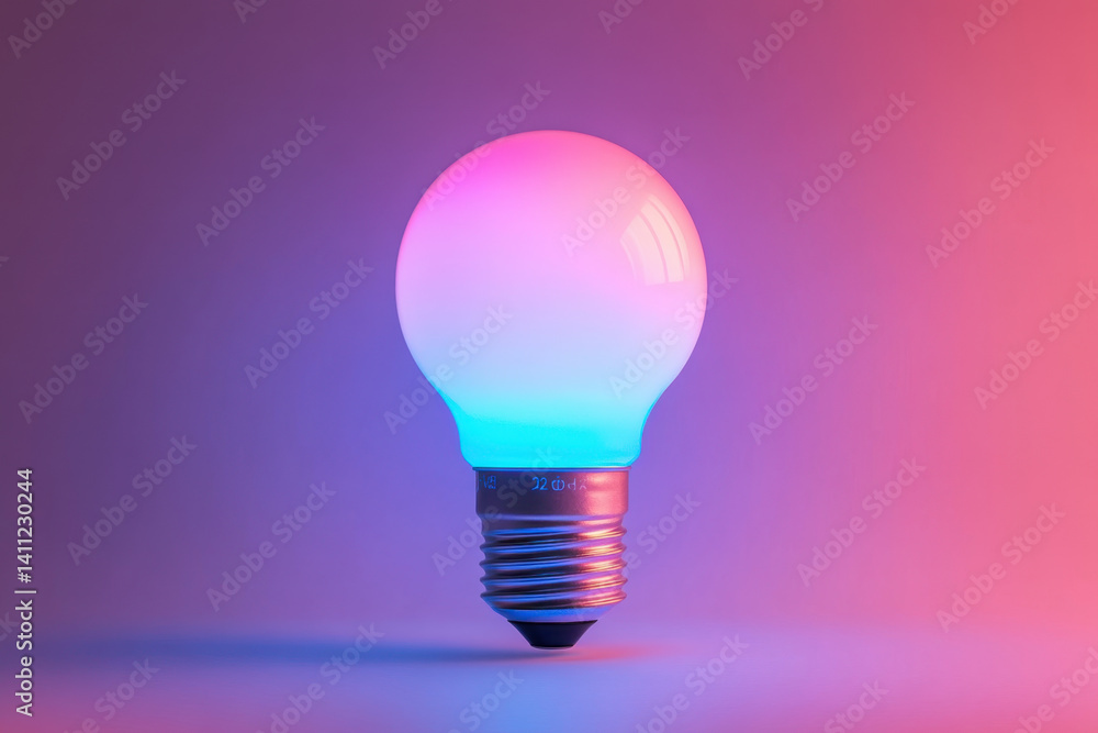 Light bulb emitting pink and blue hues, standing out in darkness, creative concept or symbol of ideas and inspiration. Light bulb emitting pink and blue hues, standing out in darkness, creative concept or symbol of ideas and inspiration.