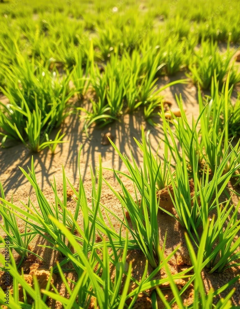 Fototapeta premium Vibrant green grass meets warm sandy ground under bright sunlight, ecology, summer, natural