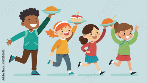 Children bounce with excitement as they finally reach the front of the line and are handed a plate of food to call their own.. Vector illustration