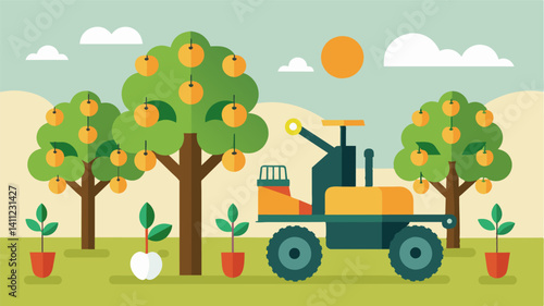 In addition to harvesting automated tree fruit harvesters also have the ability to prune trees making it a dualpurpose machine for maintaining orchards.. Vector illustration