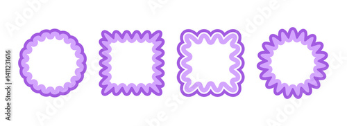 Cute frill pattern frame set. Purple scalloped circle and square border collection. Soft wavy lace edge shapes in rococo style for decoration, poster, banner. Girly coquette element pack. Vector