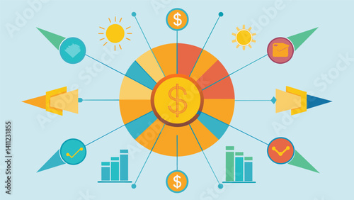 A sunburst diagram displaying the proportional breakdown of revenue sources for a large corporation.. Vector illustration