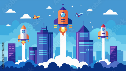 In the heart of the bustling city eVTOLs take off vertically from designated launchpads demonstrating their potential for reducing traffic and improving travel time.. Vector illustration