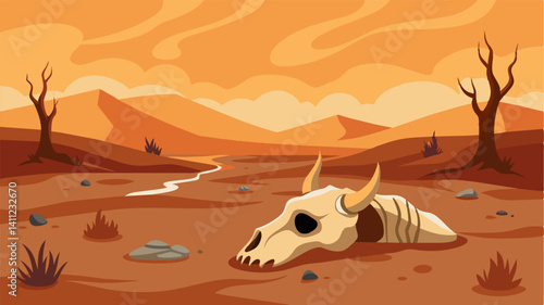 The abandoned bones of a cow lie tered in the parched dirt a tragic symbol of the ruthless drought that has decimated the livestock in this area.. Vector illustration