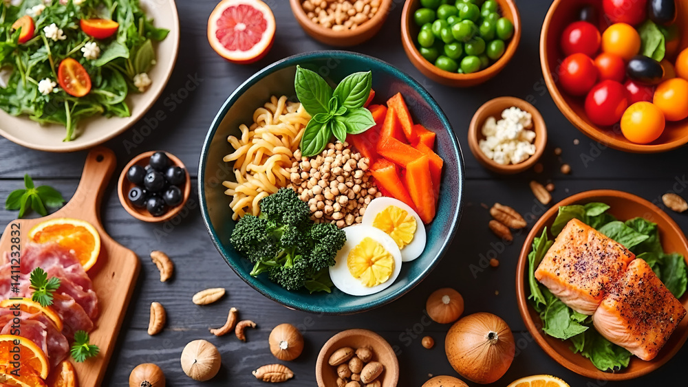 Top View of Assorted Healthy Food Dishes with Space for Text
Top View of Assorted Healthy Food Dishes with Space for Text