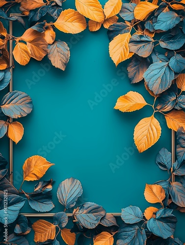 Autumnal leaf arrangement surrounding a clean vibrant backdrop for creative purposes