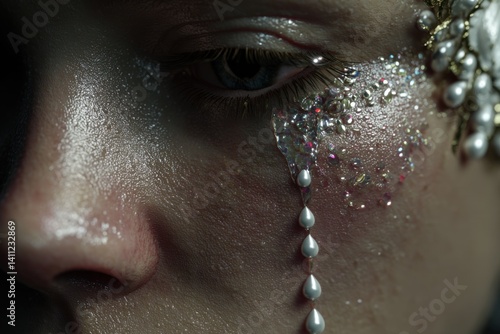 surrealist Close-up of a face with glittering tears and embellished details.