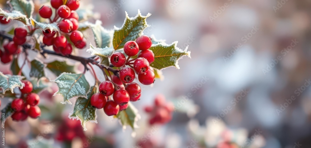 Frosty holly branch laden with bright red berries on golden bough, holiday, macro, holly Frosty holly branch laden with bright red berries on golden bough, holiday, macro, holly