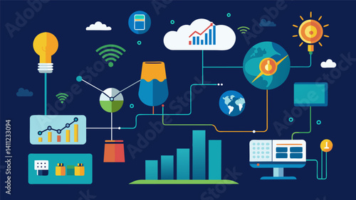 A simulation demonstrating how smart grids can use historical data and machine learning to identify patterns and make accurate predictions for future energy usage.. Vector illustration