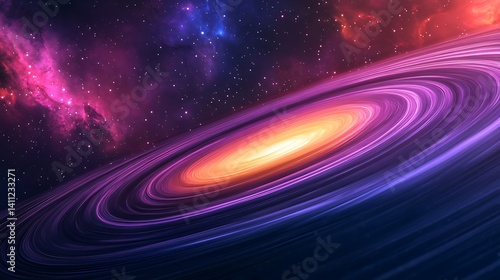 Cosmic spiral galaxy, vibrant hues, and swirling patterns.