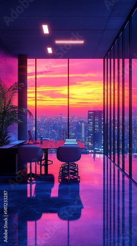 Vibrant city sunset reflecting in a modern office space interior design