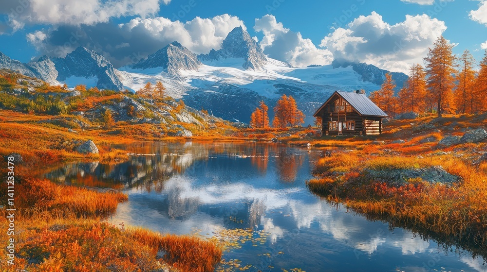 Obraz premium Autumnal Mountain Cabin Reflection
