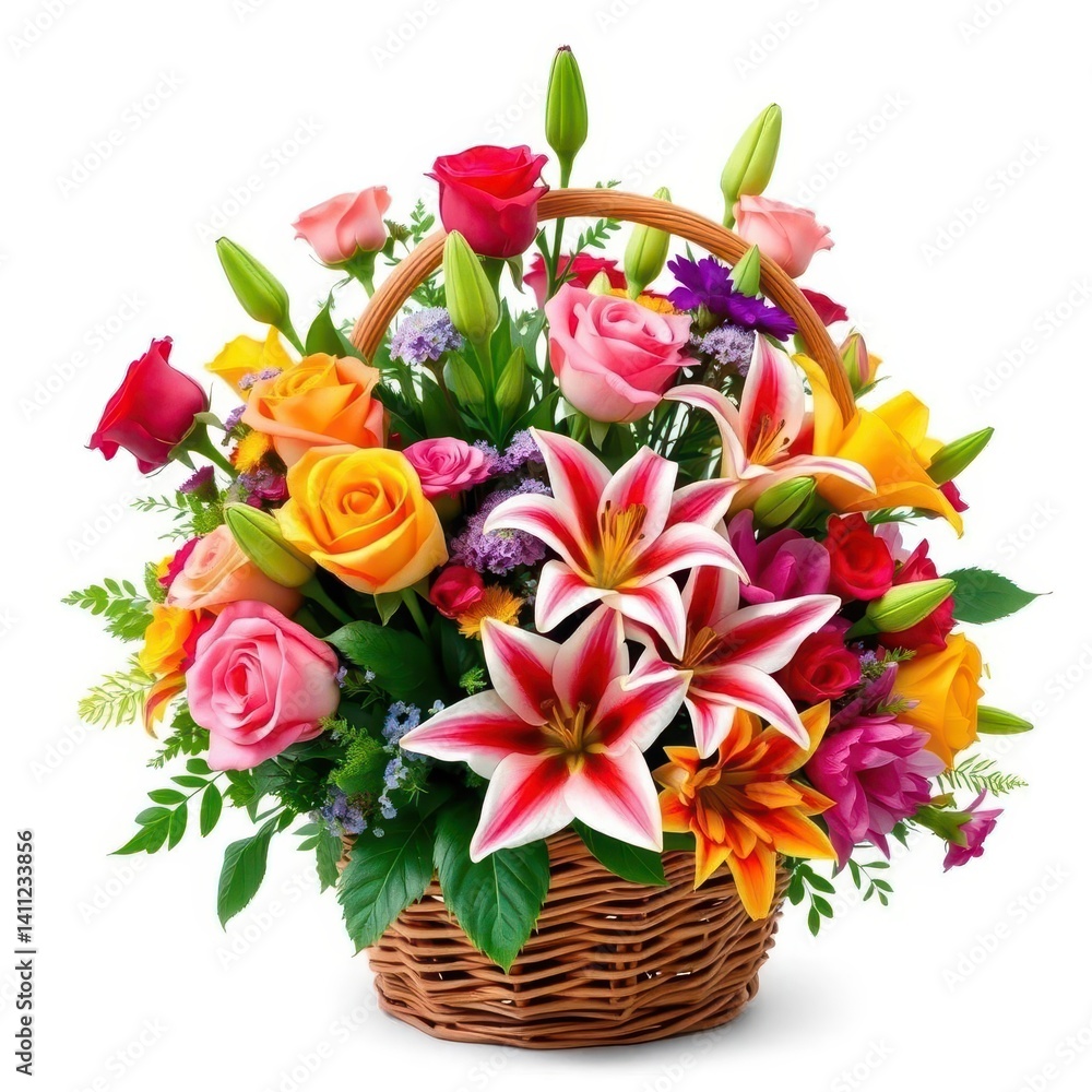 Obraz premium Vibrant mixed flower bouquet in a basket; roses & lilies, bouquet, red