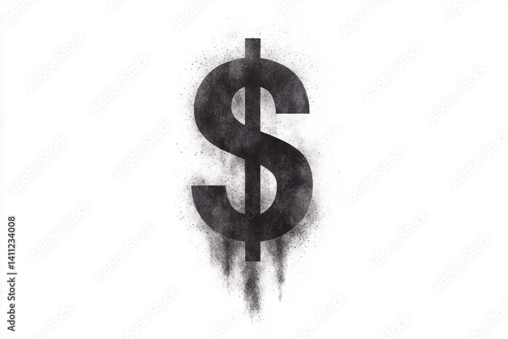 Obraz premium A black dollar sign on a white background, featuring a distressed texture that conveys a sense of decay or deterioration.