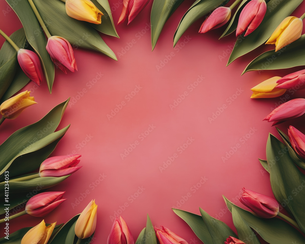 Bright tulip flower border with red, yellow, and pink hues creating a vibrant floral display Bright tulip flower border with red, yellow, and pink hues creating a vibrant floral display