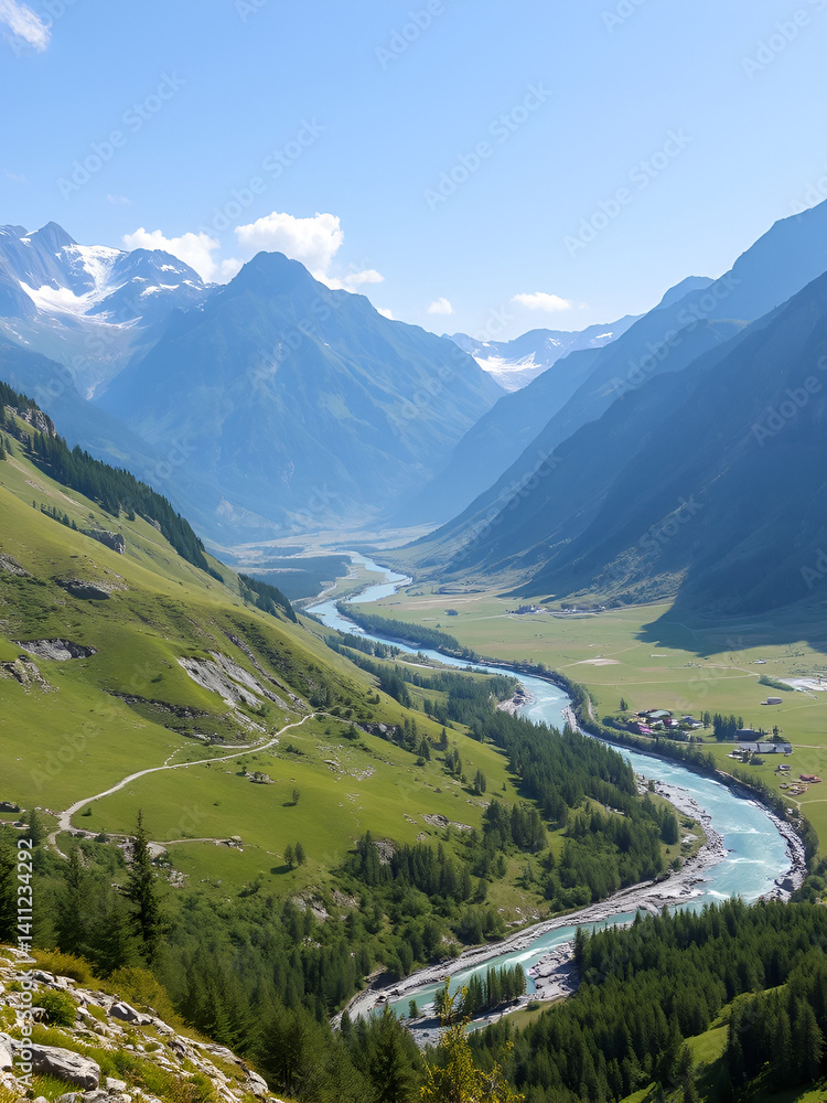 Naklejka premium Serene mountain valley with river landscape