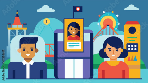 A theme park utilizing facial biometrics at ride entry points to ensure guests are not using someone elses ticket.. Vector illustration