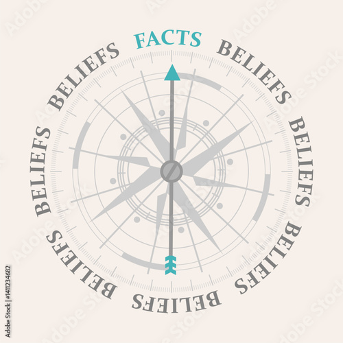 The needle of compass points to the word facts ignoring the words beliefs. Religion, science and business concept of opposites, decisions, and uncertainty.