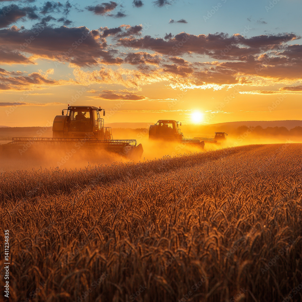 Fototapeta premium combineers harvesting wheat fields at sunset with golden hues.