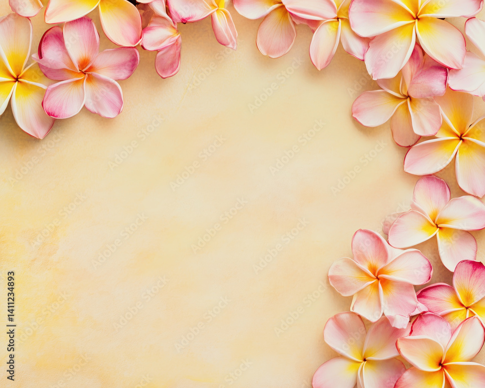 Naklejka premium Rich plumeria flower border in warm yellows and pinks, creating a tropical feel