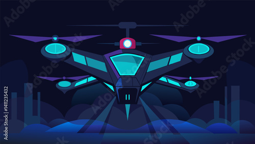 The ceiling of the eVTOL is fitted with LED lights that change colors and patterns creating a mesmerizing ambiance during night flights.. Vector illustration