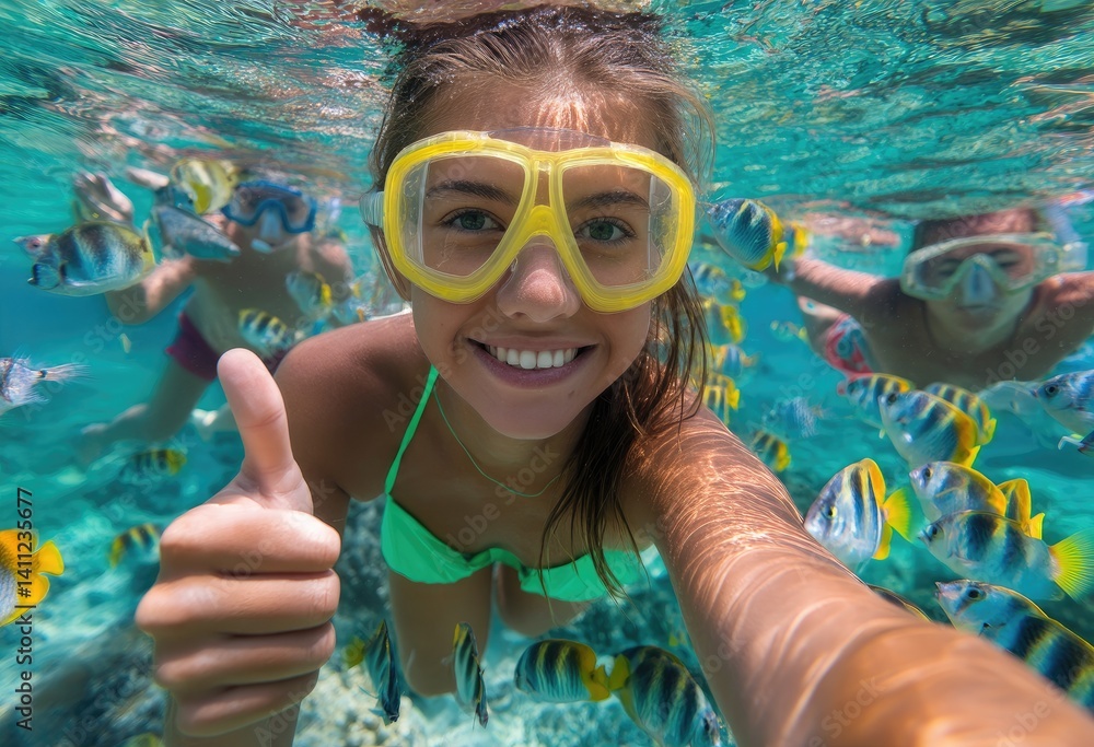 Fototapeta premium A girl wearing yellow goggles and green shorts is swimming underwater, surrounded by colorful fish in the sea