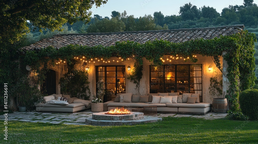 Obraz premium Serene Evening at a Tuscan Villa: Outdoor Relaxation by the Fire
