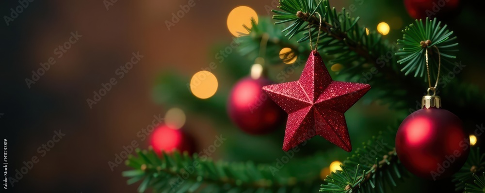 Obraz premium Close-up of a Christmas tree branch with several red star ornaments , red star ornament, festive season
