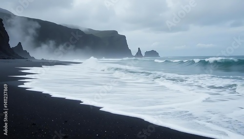 Fototapeta Naklejka Na Ścianę i Meble -  Black Sand Beach: Serene Coastal Landscape with Misty Cliffs