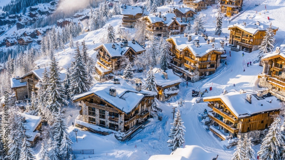 Aerial View of a Snowy Alpine Village in the French Alps Aerial View of a Snowy Alpine Village in the French Alps