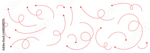Dashed Arrows doodle dot line arrows set. Vector dots linear arrow set, dashed dotted moving navigation directionals. Set of hand drawn dashed arrows. Vector illustration.