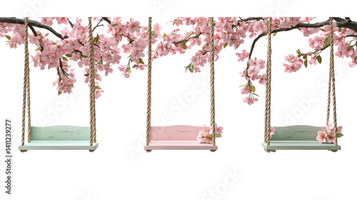 sakura swing set: pink flowers and rope swings on transparent background