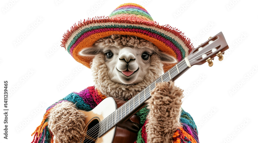Obraz premium A festive llama plays guitar while dressed in traditional attire, PNG, created with AI