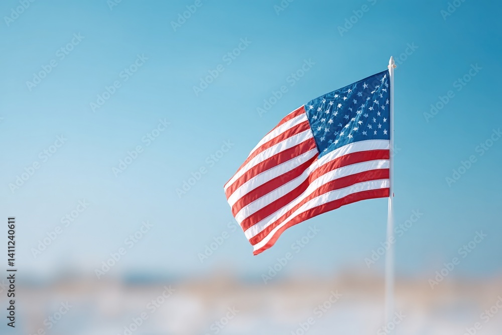 Obraz premium flag flutters at half-staff against blue sky in field of white tombstones on memorial day with ample copy space for