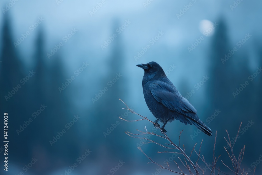 Fototapeta premium lone crow perched on barren branch under pale moonlight glow with darkened forest in background
