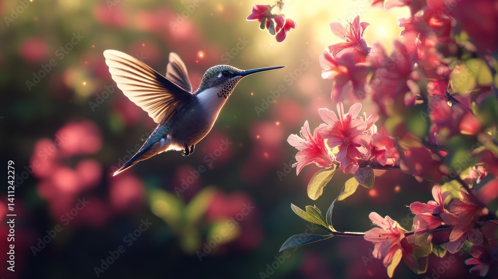 Naklejka premium A hummingbird hovers near blooming flowers in a serene garden setting