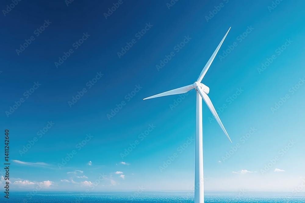 Obraz premium lone wind turbine stands against vast clear blue sky showcasing clean energy innovation with ample copy space