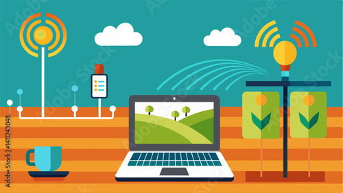 Hightech sensors transmit data back to a farmers computer giving accurate readings on soil moisture levels helping to prevent over or under watering.. Vector illustration