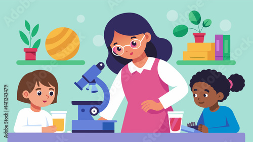 A girl using a microscope to analyze cells during a biology workshop her peers leaning in to see.. Vector illustration