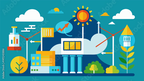 A government implements a new energy policy based on data on renewable energy production carbon emissions and energy consumption trends.. Vector illustration