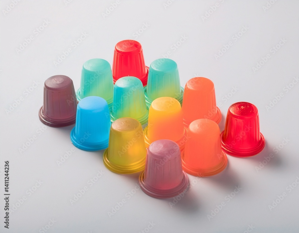 Generation Alpha food menu: a charming isometric of colorful Rainbow Jelly Cup icons on a white background. Generation Alpha food menu: a charming isometric of colorful Rainbow Jelly Cup icons on a white background.