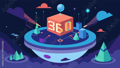 A visually stunning 360degree projection mapping show featuring key market trends and projections for the upcoming year accompanied by immersive sound and light effects.. Vector illustration