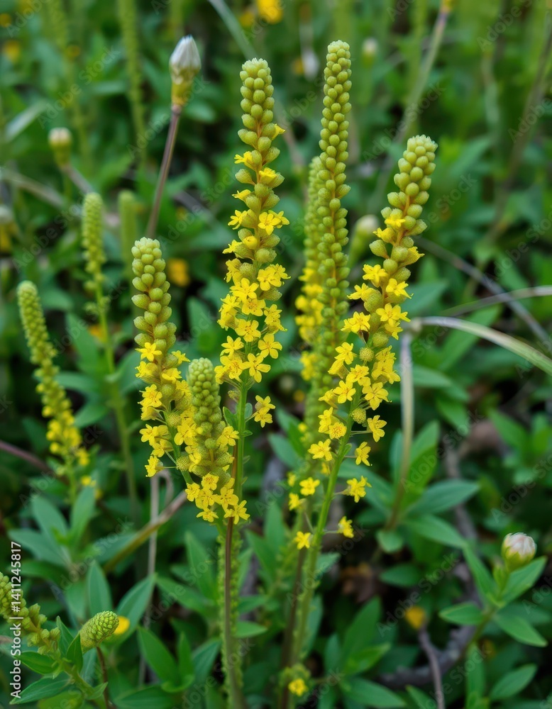 Bushy upright stems, vibrant green foliage, tiny yellow blossoms Wildflower in full bloom, garden, summer, foliage Bushy upright stems, vibrant green foliage, tiny yellow blossoms Wildflower in full bloom, garden, summer, foliage