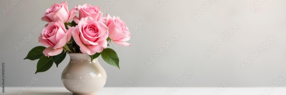 Fototapeta premium Delicate pink roses in a matching vase, soft pastel tones , elegance, floral arrangement