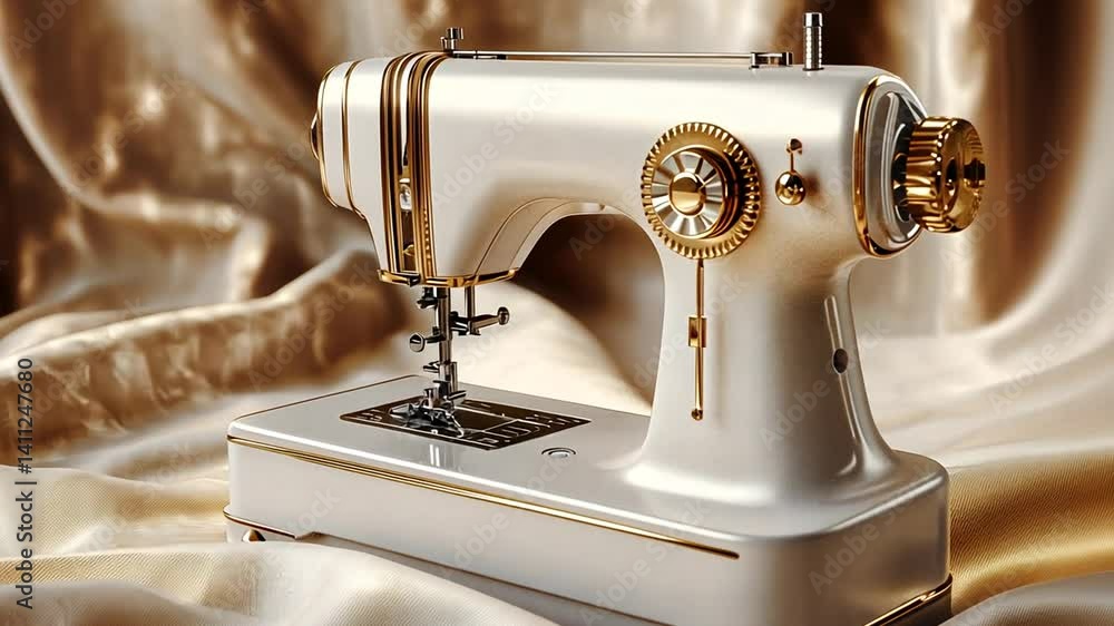 Elegant Vintage Sewing Machine with Gold Accents on Silk Fabric Background