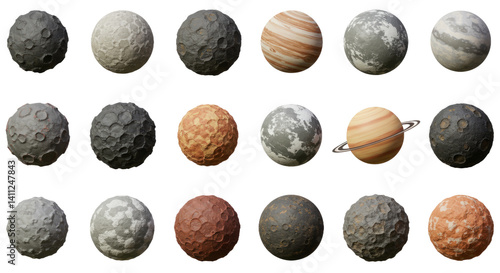 Collection of Varied Textured Spheres Representing Planets on Black Background