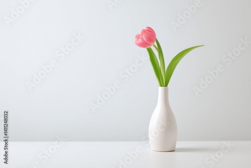 simple white vase with single blooming pink tulip stands gracefully on clean white surface casting soft shadow beneath
