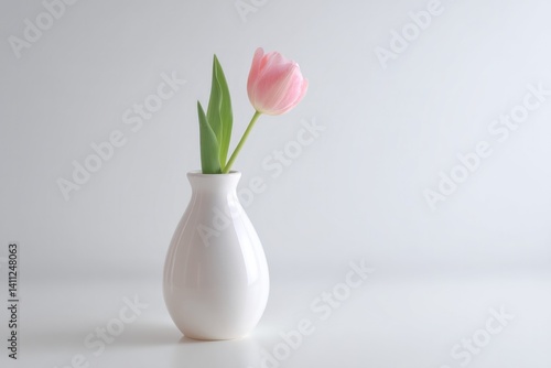 simple white vase with single blooming pink tulip stands gracefully on clean white surface casting soft shadow beneath